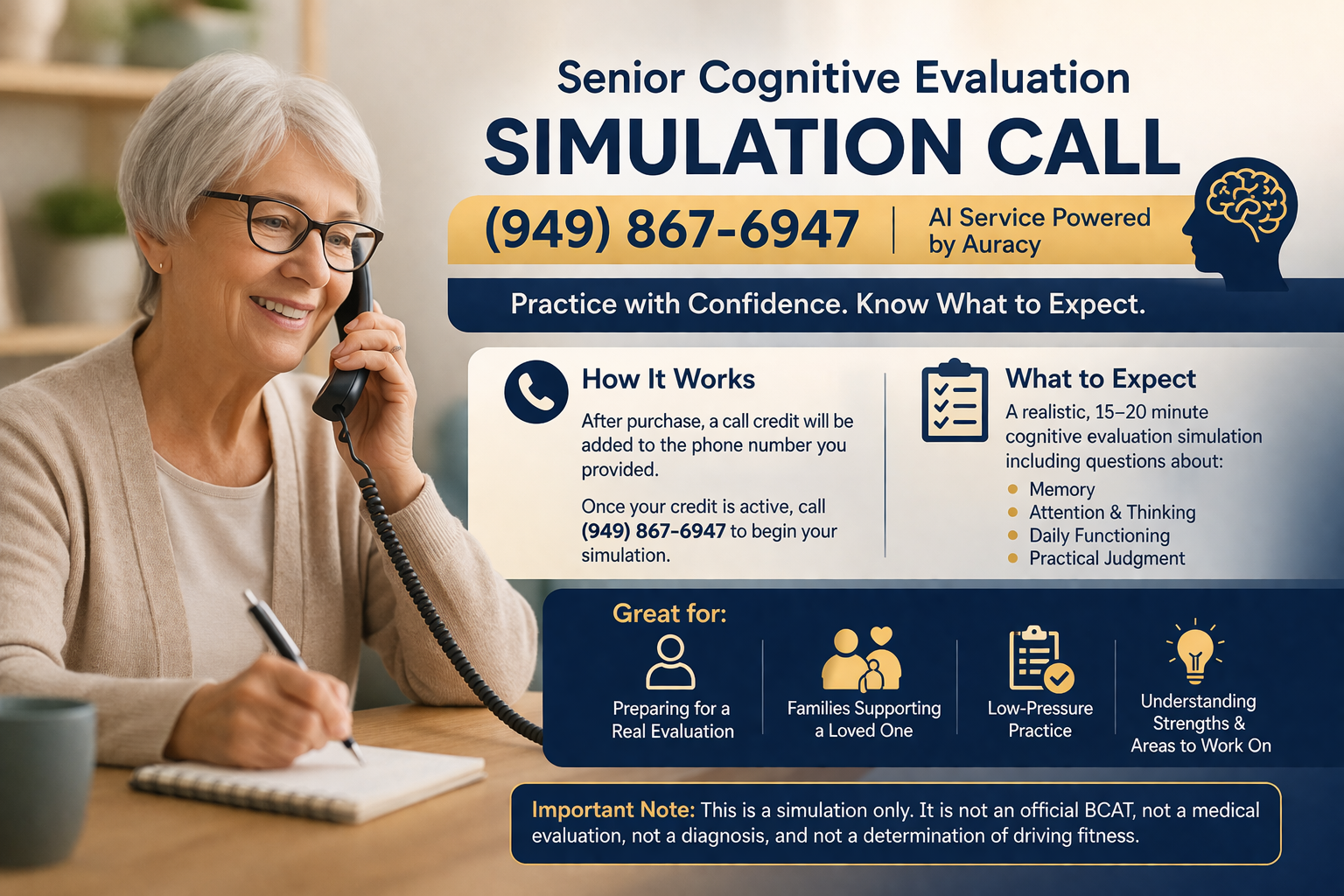 A senior cognitive evaluation simulation call service with an older woman on the phone.