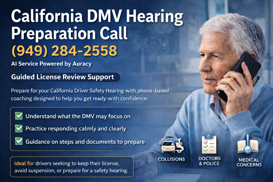 California DMV hearing preparation call service with a man on the phone.