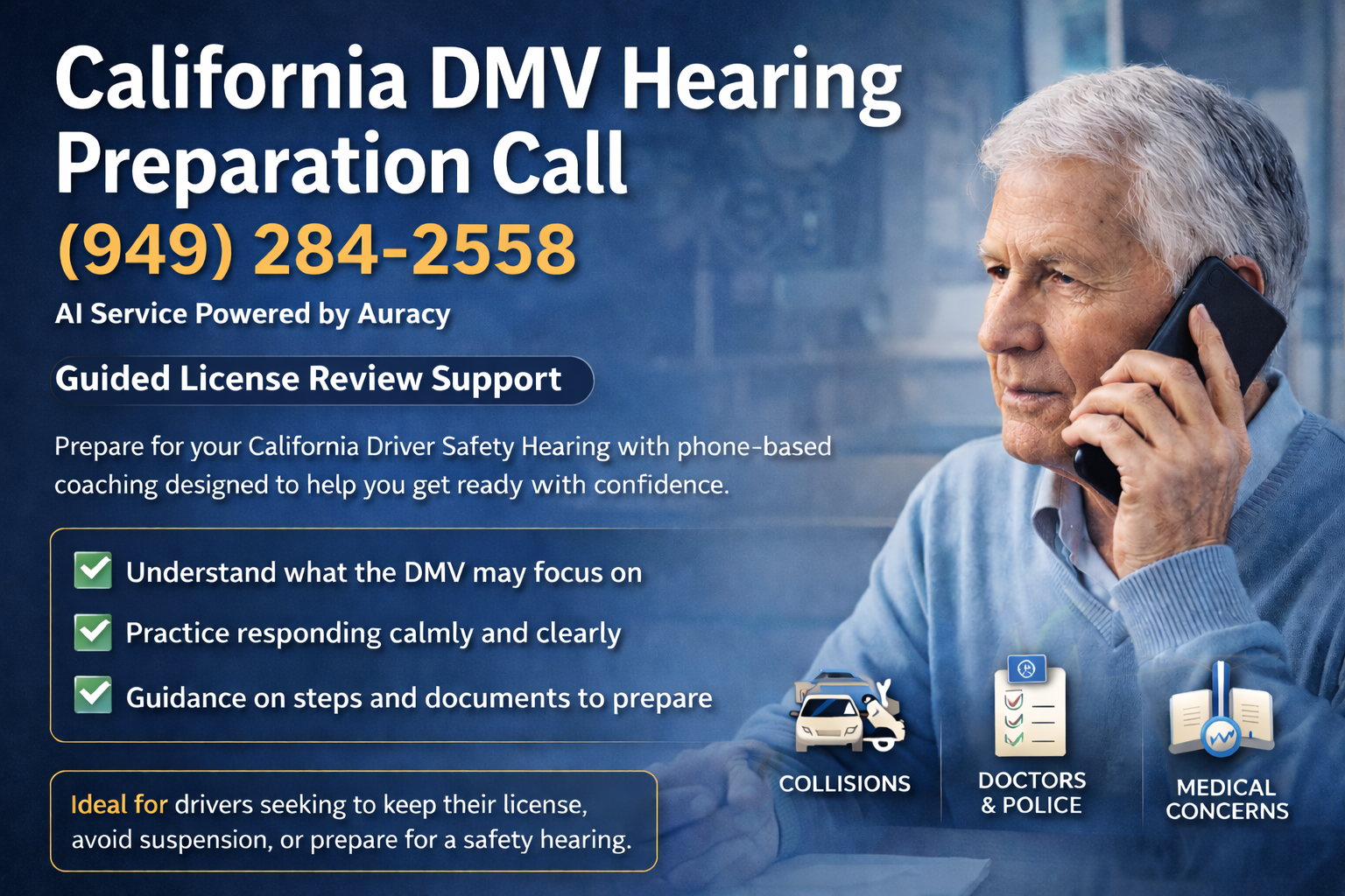 California DMV hearing preparation call service with a man on the phone.