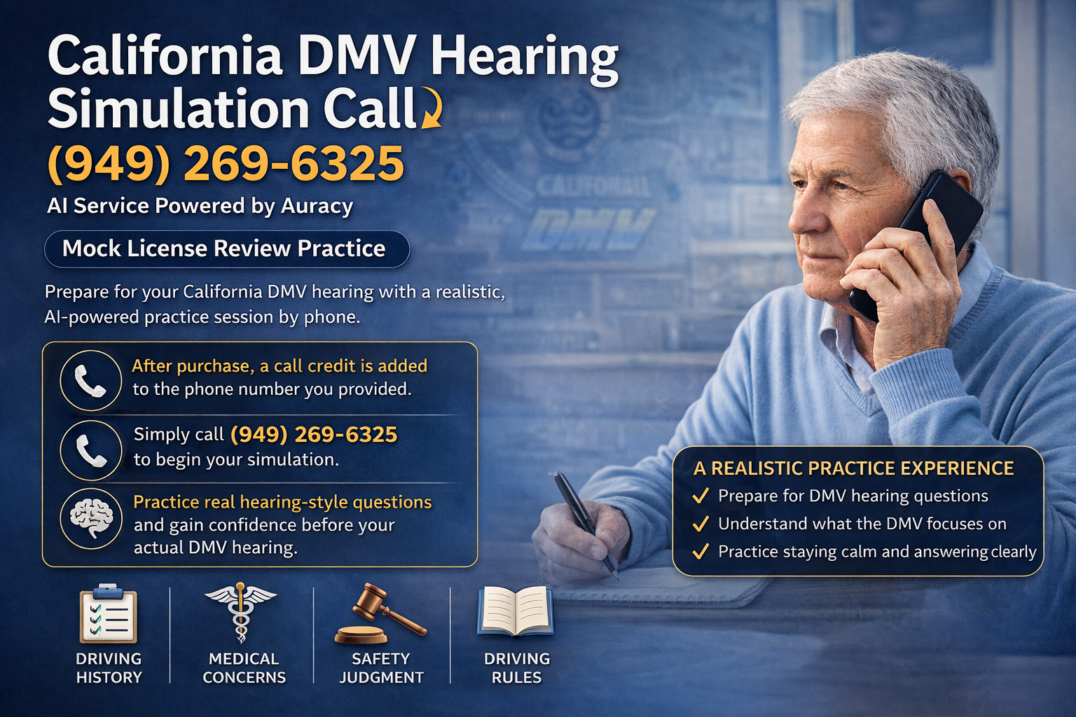 California DMV Hearing Simulation Call service with a man on the phone.